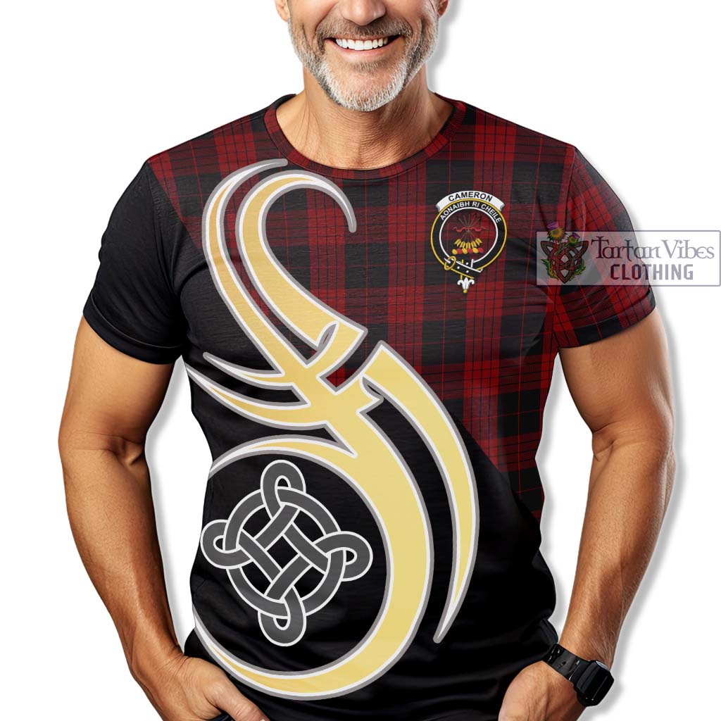 Tartan Vibes Clothing Cameron Black and Red Tartan T-Shirt with Family Crest and Celtic Symbol Style