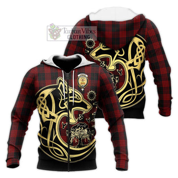 Cameron Black and Red Tartan Knitted Hoodie with Family Crest Celtic Wolf Style