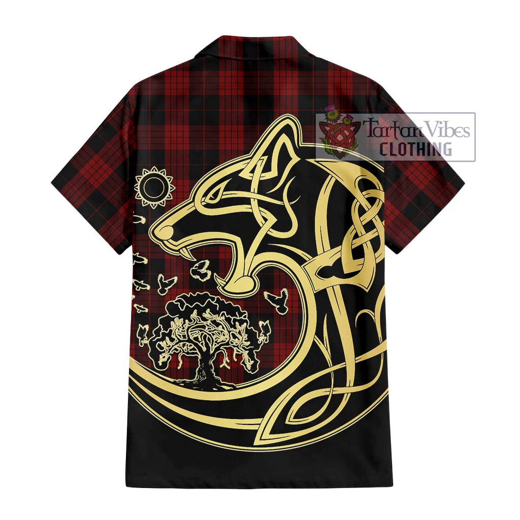 Cameron Black and Red Tartan Short Sleeve Button Shirt with Family Crest Celtic Wolf Style - Tartan Vibes Clothing