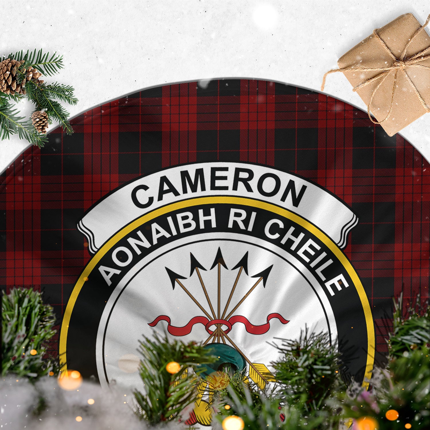 Cameron Black and Red Tartan Christmas Tree Skirt with Family Crest - Tartanvibesclothing