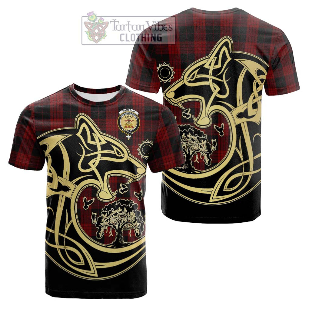 Tartan Vibes Clothing Cameron Black and Red Tartan Cotton T-shirt with Family Crest Celtic Wolf Style