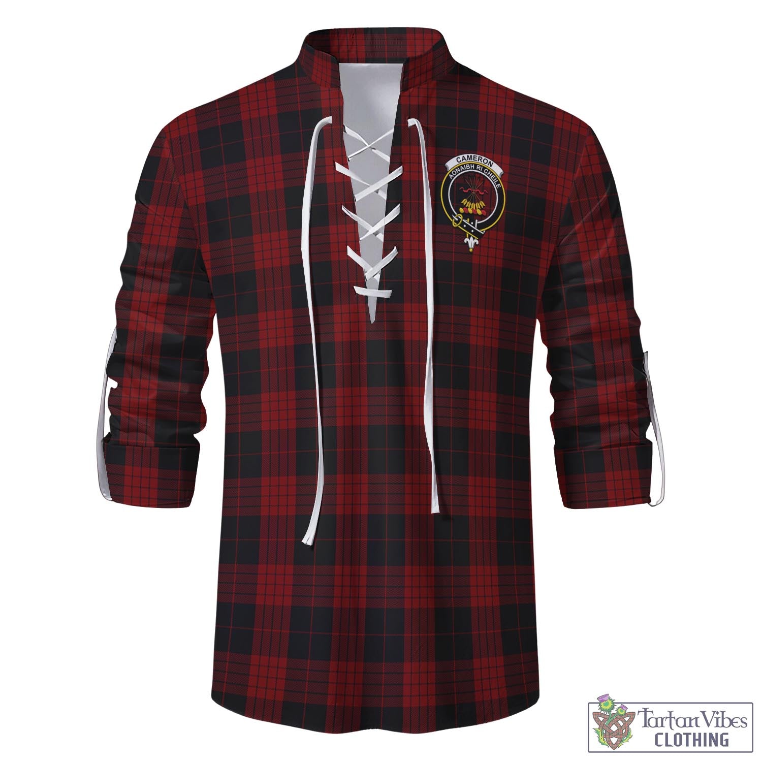 Tartan Vibes Clothing Cameron Black and Red Tartan Men's Scottish Traditional Jacobite Ghillie Kilt Shirt with Family Crest