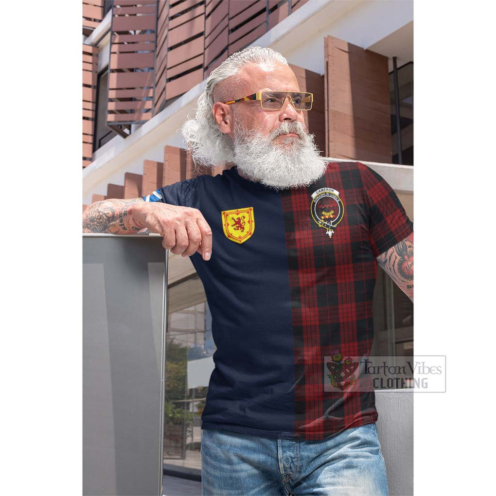 Tartan Vibes Clothing Cameron Black and Red Tartan Cotton T-shirt with Scottish Lion Royal Arm Half Style