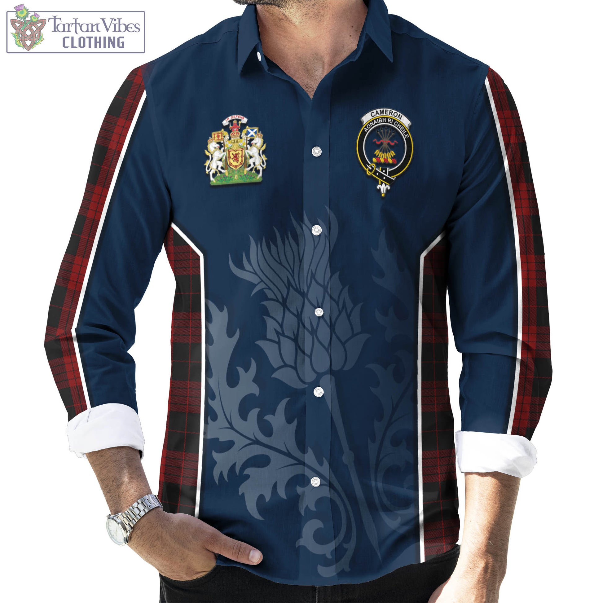 Tartan Vibes Clothing Cameron Black and Red Tartan Long Sleeve Button Up Shirt with Family Crest and Scottish Thistle Vibes Sport Style