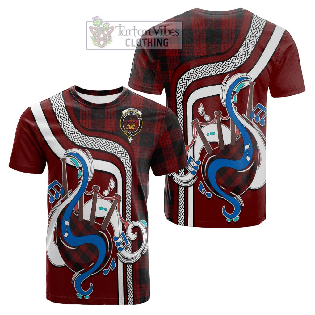 Tartan Vibes Clothing Cameron Black and Red Tartan Cotton T-shirt with Epic Bagpipe Style