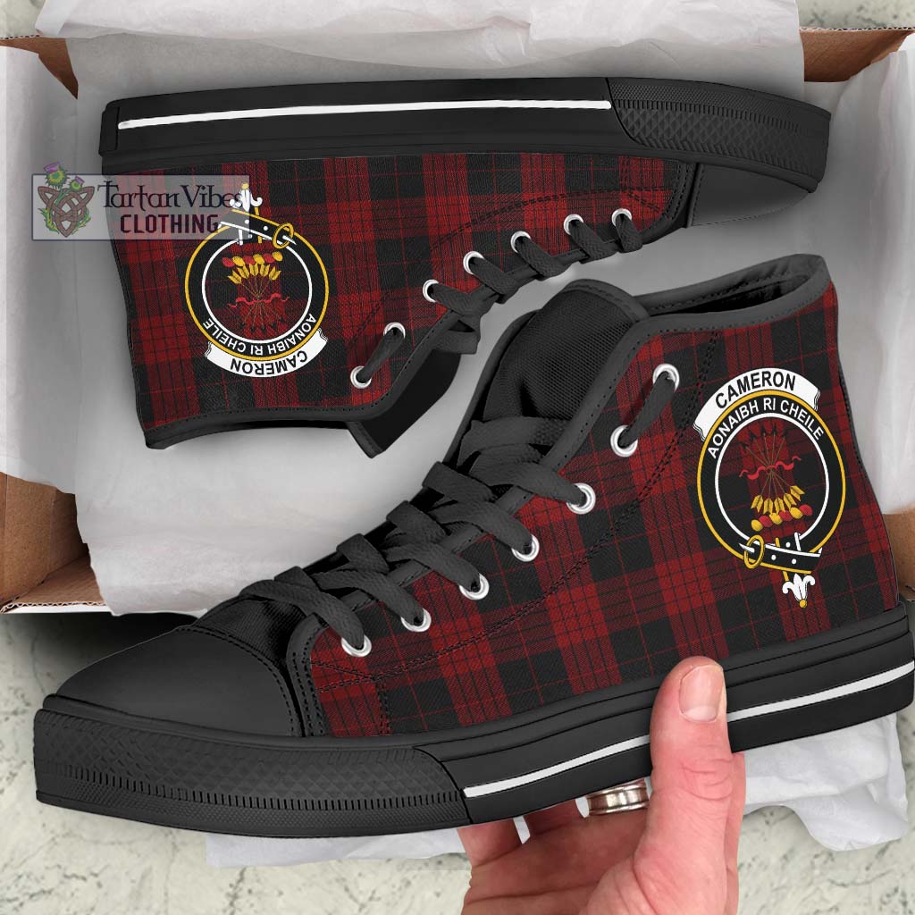 Tartan Vibes Clothing Cameron Black and Red Tartan High Top Shoes with Family Crest