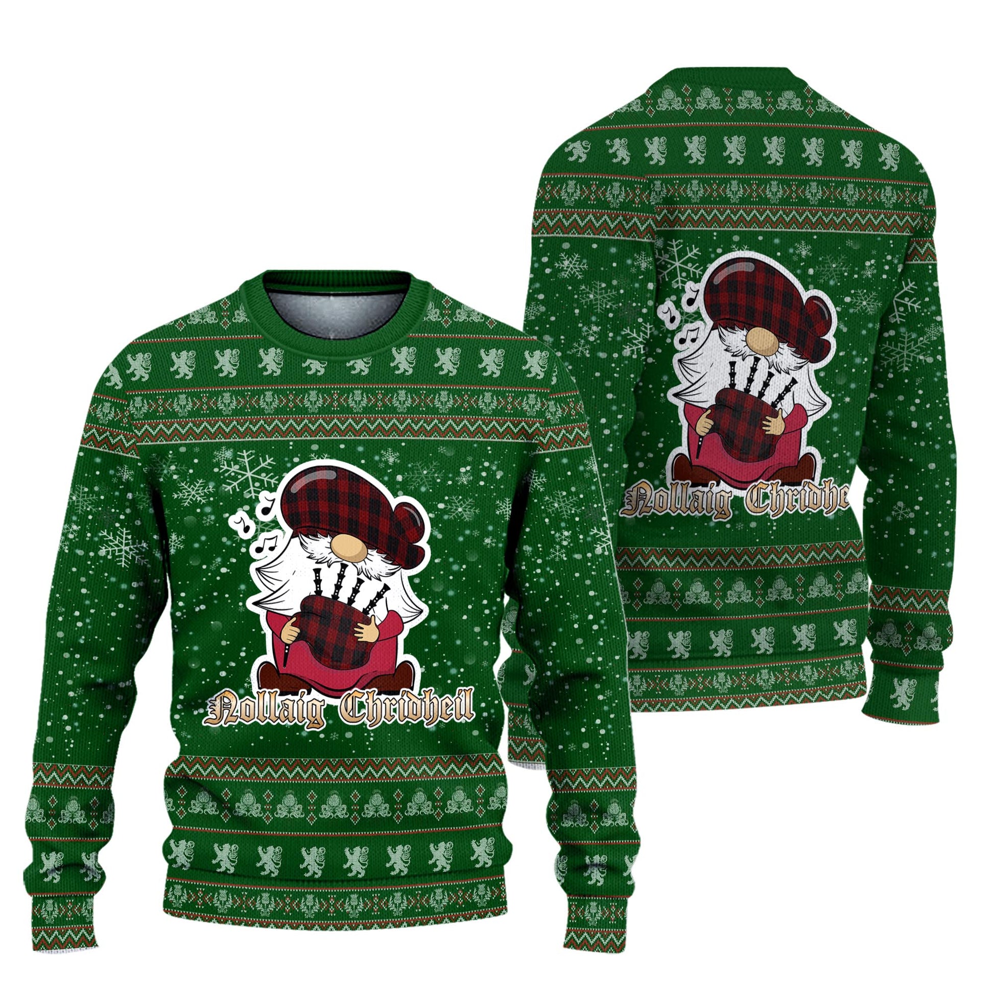 Cameron Black and Red Clan Christmas Family Knitted Sweater with Funny Gnome Playing Bagpipes Unisex Green - Tartanvibesclothing