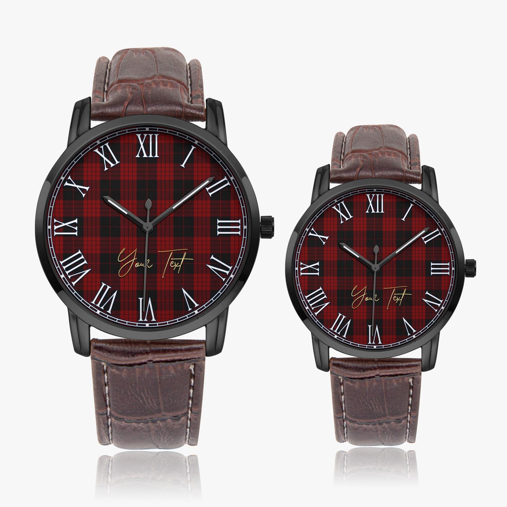 Cameron Black and Red Tartan Personalized Your Text Leather Trap Quartz Watch Wide Type Black Case With Brown Leather Strap - Tartanvibesclothing