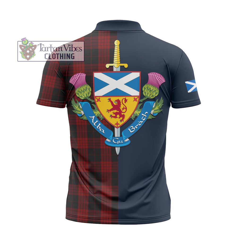 Tartan Vibes Clothing Cameron Black and Red Tartan Zipper Polo Shirt with Scottish Lion Royal Arm Half Style