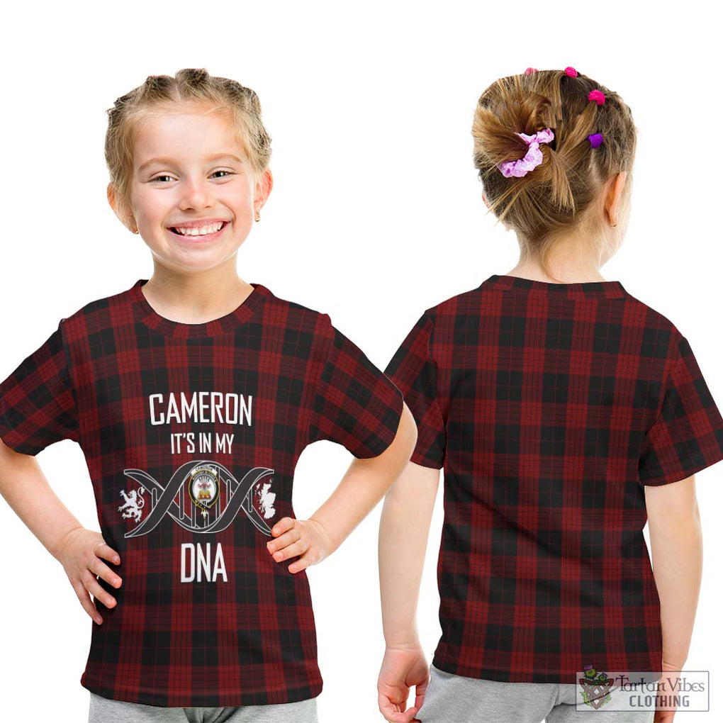 Cameron Black and Red Tartan Kid T-Shirt with Family Crest DNA In Me Style - Tartanvibesclothing Shop