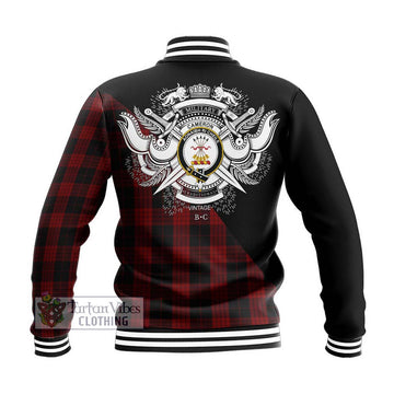 Cameron Black and Red Tartan Baseball Jacket with Family Crest and Military Logo Style