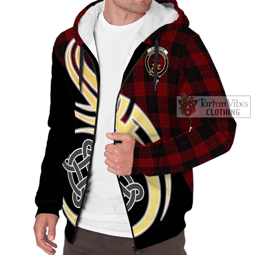 Cameron Black and Red Tartan Sherpa Hoodie with Family Crest and Celtic Symbol Style - Tartan Vibes Clothing