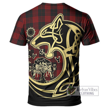 Cameron Black and Red Tartan T-Shirt with Family Crest Celtic Wolf Style