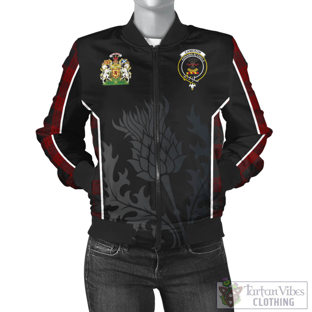 Tartan Vibes Clothing Cameron Black and Red Tartan Bomber Jacket with Family Crest and Scottish Thistle Vibes Sport Style