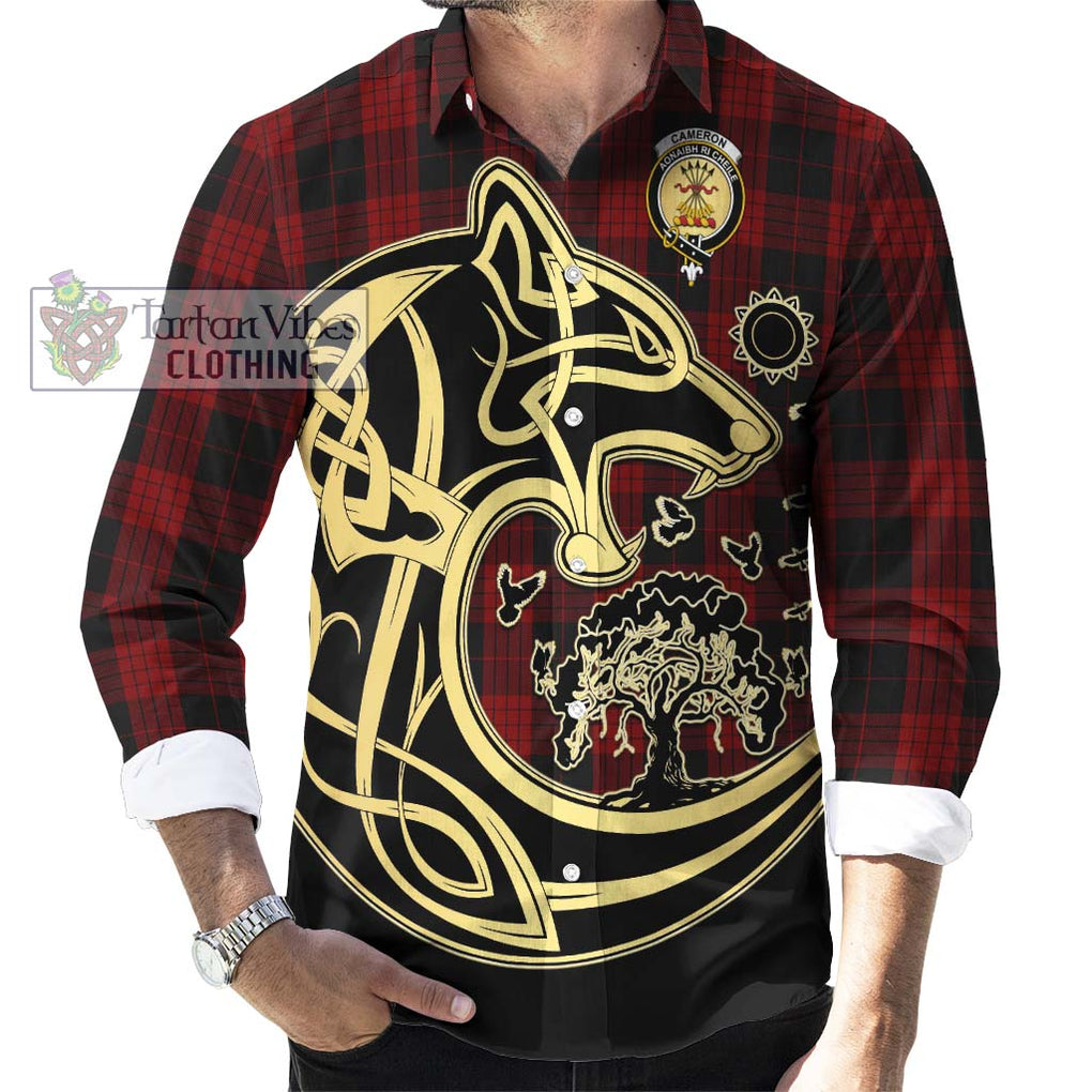 Cameron Black and Red Tartan Long Sleeve Button Shirt with Family Crest Celtic Wolf Style - Tartan Vibes Clothing