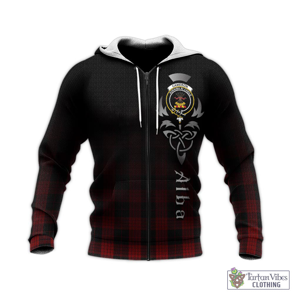 Tartan Vibes Clothing Cameron Black and Red Tartan Knitted Hoodie Featuring Alba Gu Brath Family Crest Celtic Inspired