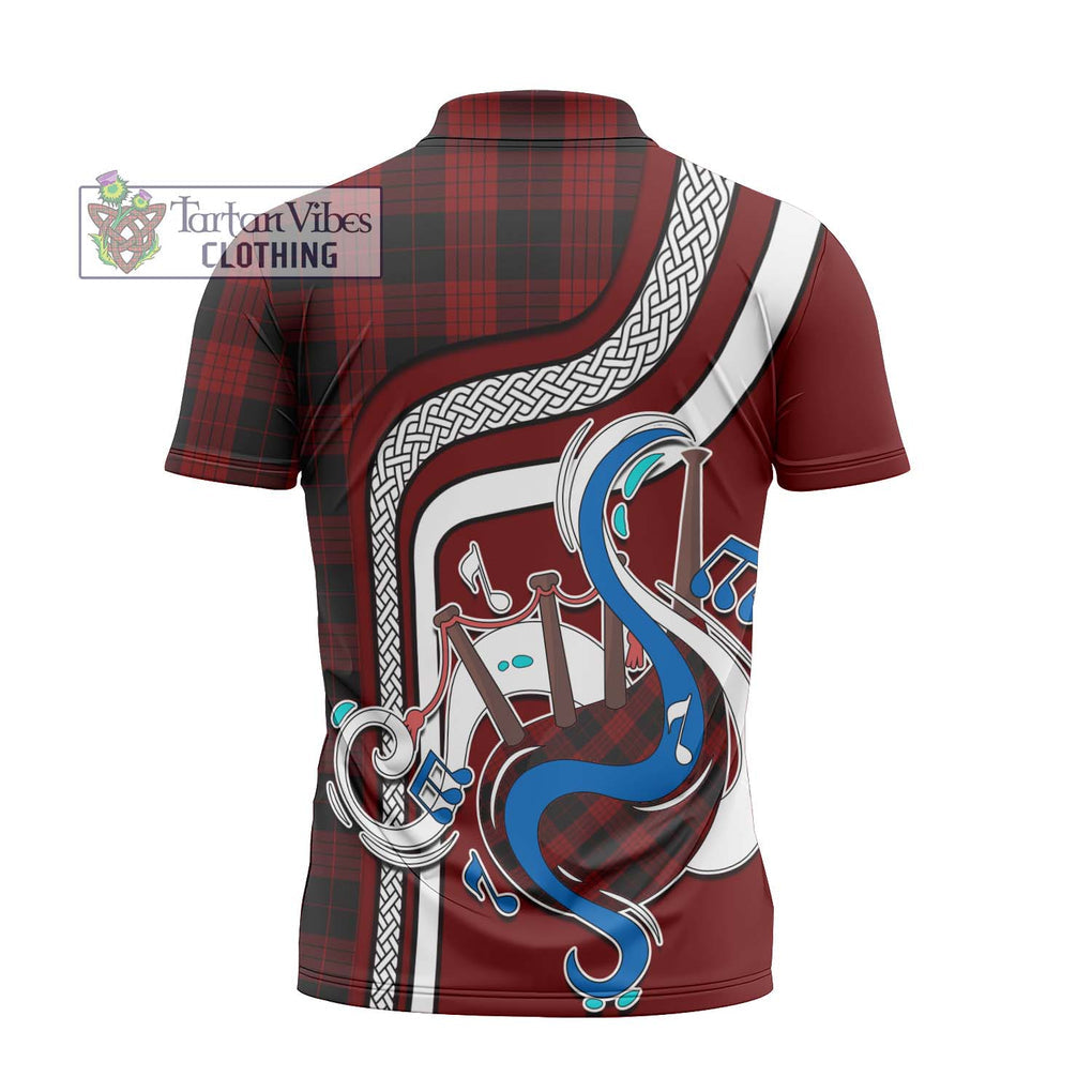 Cameron Black and Red Tartan Zipper Polo Shirt with Epic Bagpipe Style - Tartanvibesclothing Shop