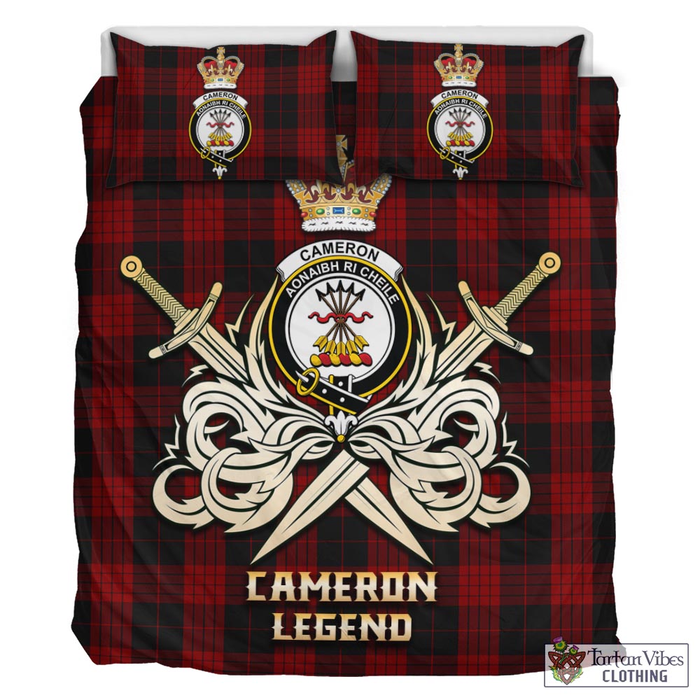 Tartan Vibes Clothing Cameron Black and Red Tartan Bedding Set with Clan Crest and the Golden Sword of Courageous Legacy