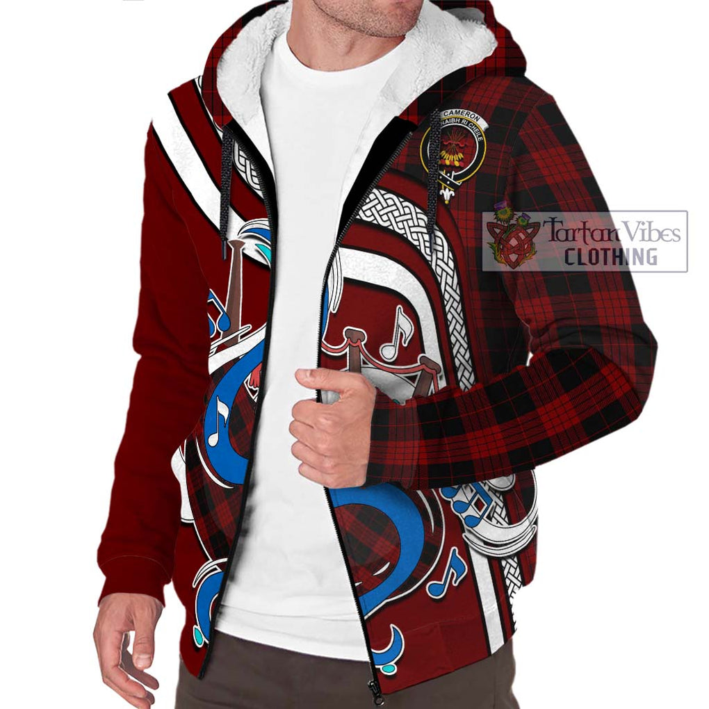 Cameron Black and Red Tartan Sherpa Hoodie with Epic Bagpipe Style Unisex - Tartanvibesclothing Shop