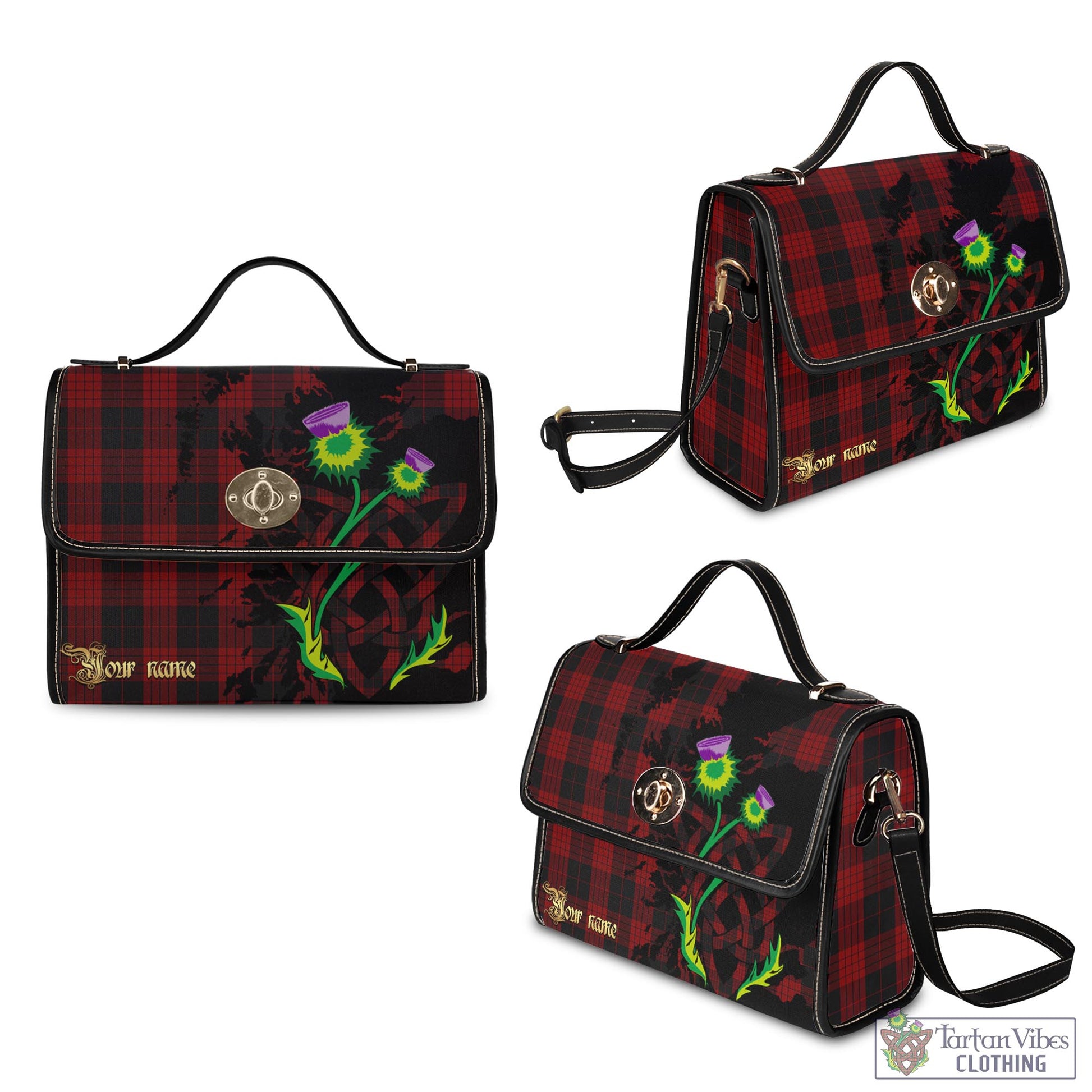 Tartan Vibes Clothing Cameron Black and Red Tartan Waterproof Canvas Bag with Scotland Map and Thistle Celtic Accents