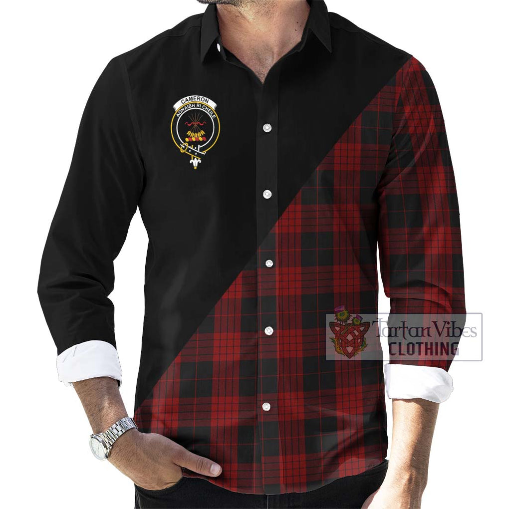 Cameron Black and Red Tartan Long Sleeve Button Shirt with Family Crest and Military Logo Style - Tartanvibesclothing Shop