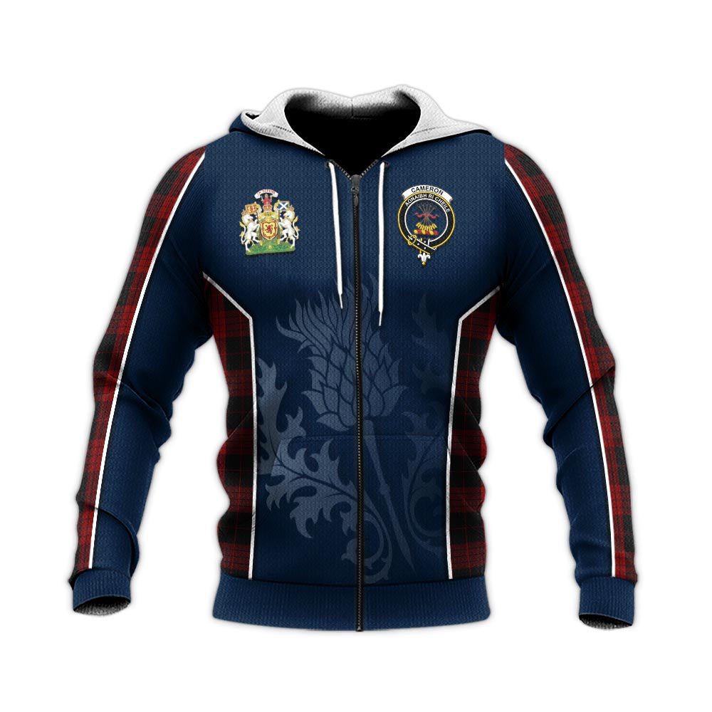 Tartan Vibes Clothing Cameron Black and Red Tartan Knitted Hoodie with Family Crest and Scottish Thistle Vibes Sport Style