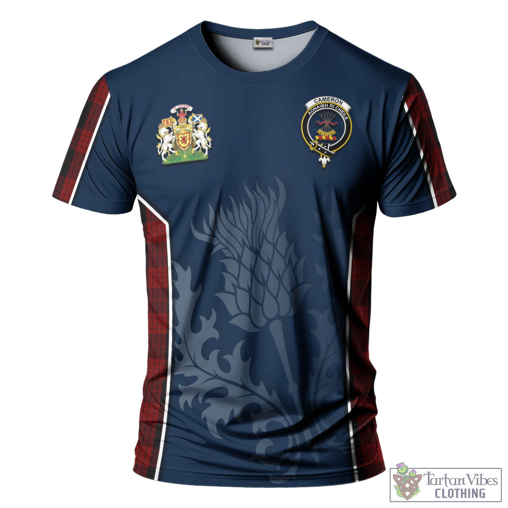 Tartan Vibes Clothing Cameron Black and Red Tartan T-Shirt with Family Crest and Scottish Thistle Vibes Sport Style