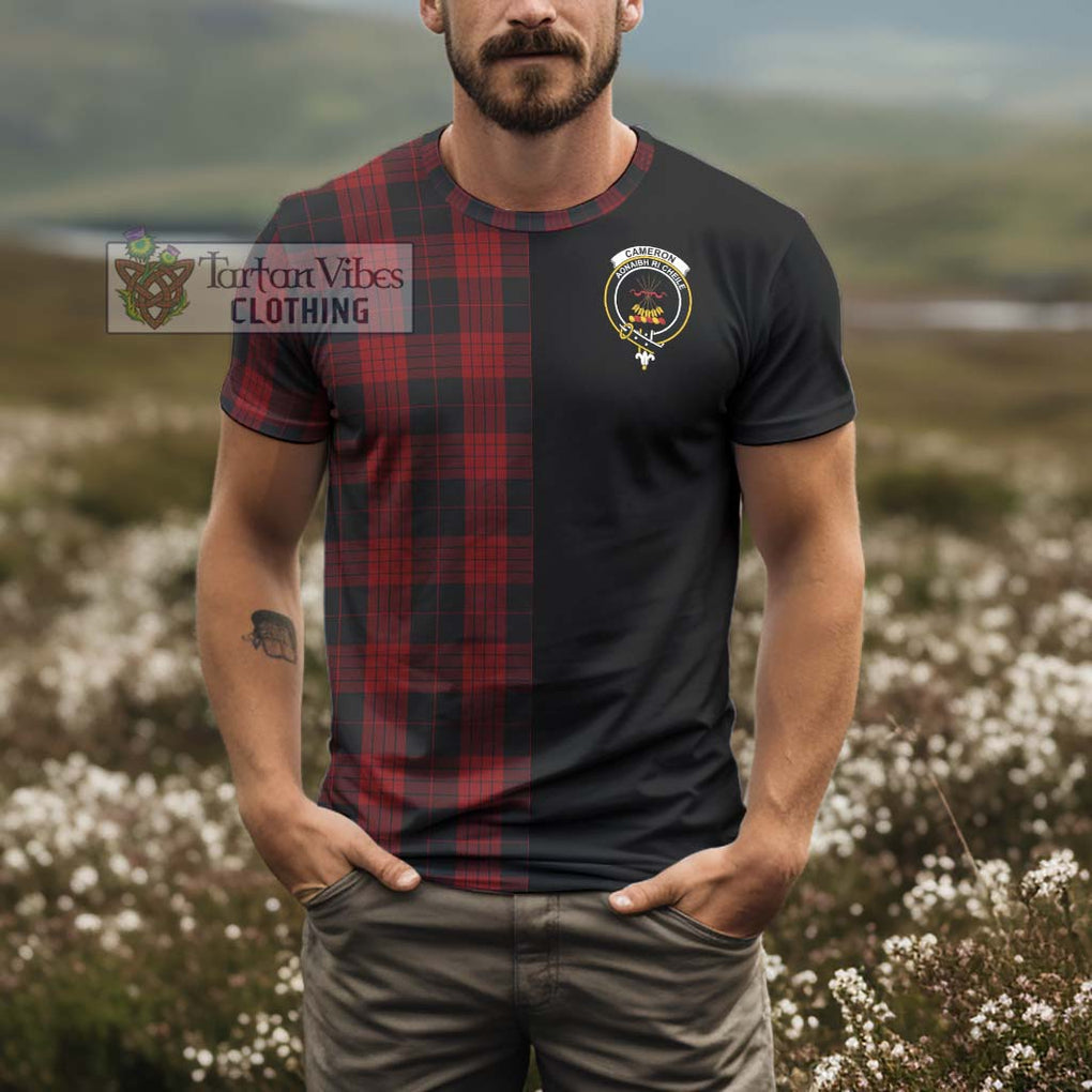 Cameron Black and Red Tartan T-Shirt with Family Crest and Half Of Me Style - Tartanvibesclothing Shop