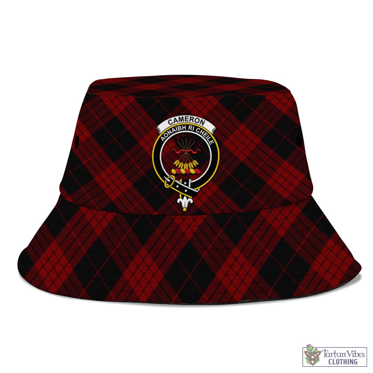 Tartan Vibes Clothing Cameron Black and Red Tartan Bucket Hat with Family Crest