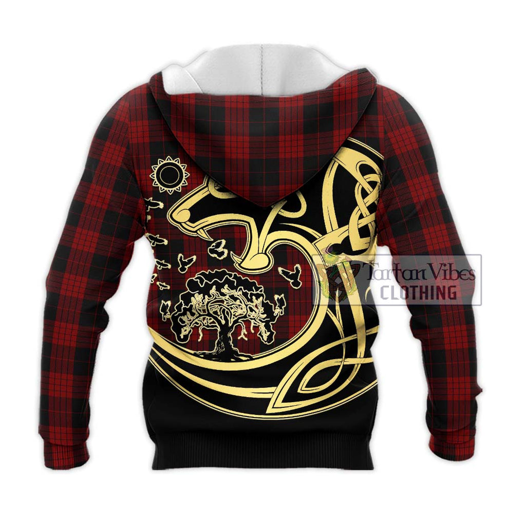 Cameron Black and Red Tartan Knitted Hoodie with Family Crest Celtic Wolf Style - Tartan Vibes Clothing