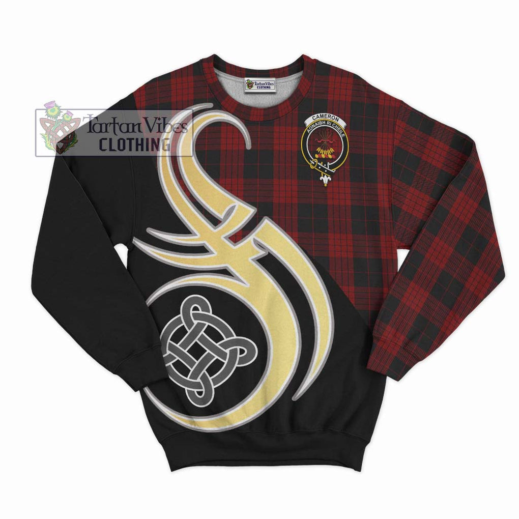 Cameron Black and Red Tartan Sweatshirt with Family Crest and Celtic Symbol Style - Tartan Vibes Clothing