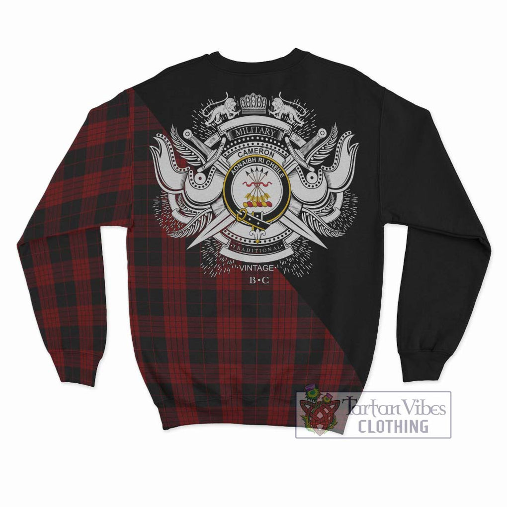 Cameron Black and Red Tartan Sweatshirt with Family Crest and Military Logo Style - Tartanvibesclothing Shop