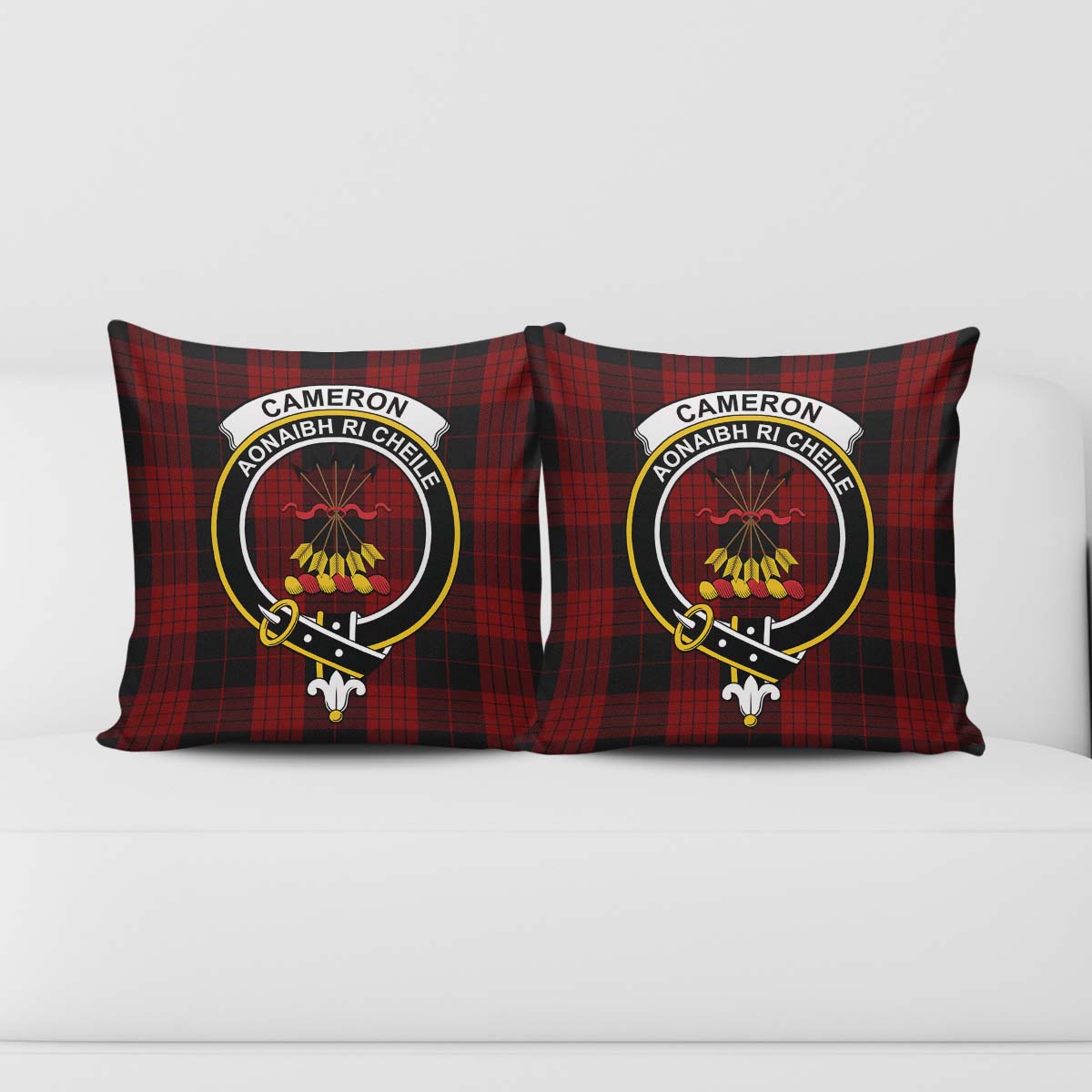 Cameron Black and Red Tartan Pillow Cover with Family Crest - Tartanvibesclothing