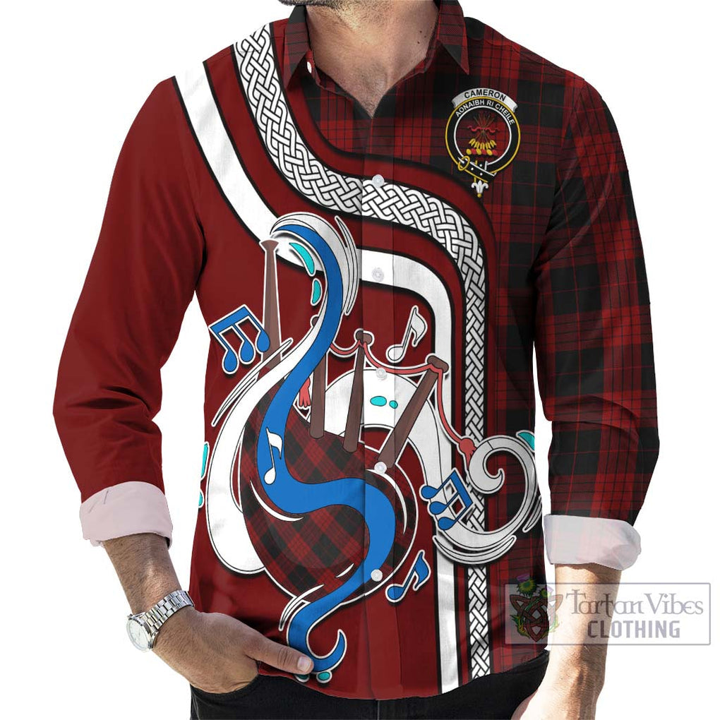 Cameron Black and Red Tartan Long Sleeve Button Shirt with Epic Bagpipe Style - Tartanvibesclothing Shop