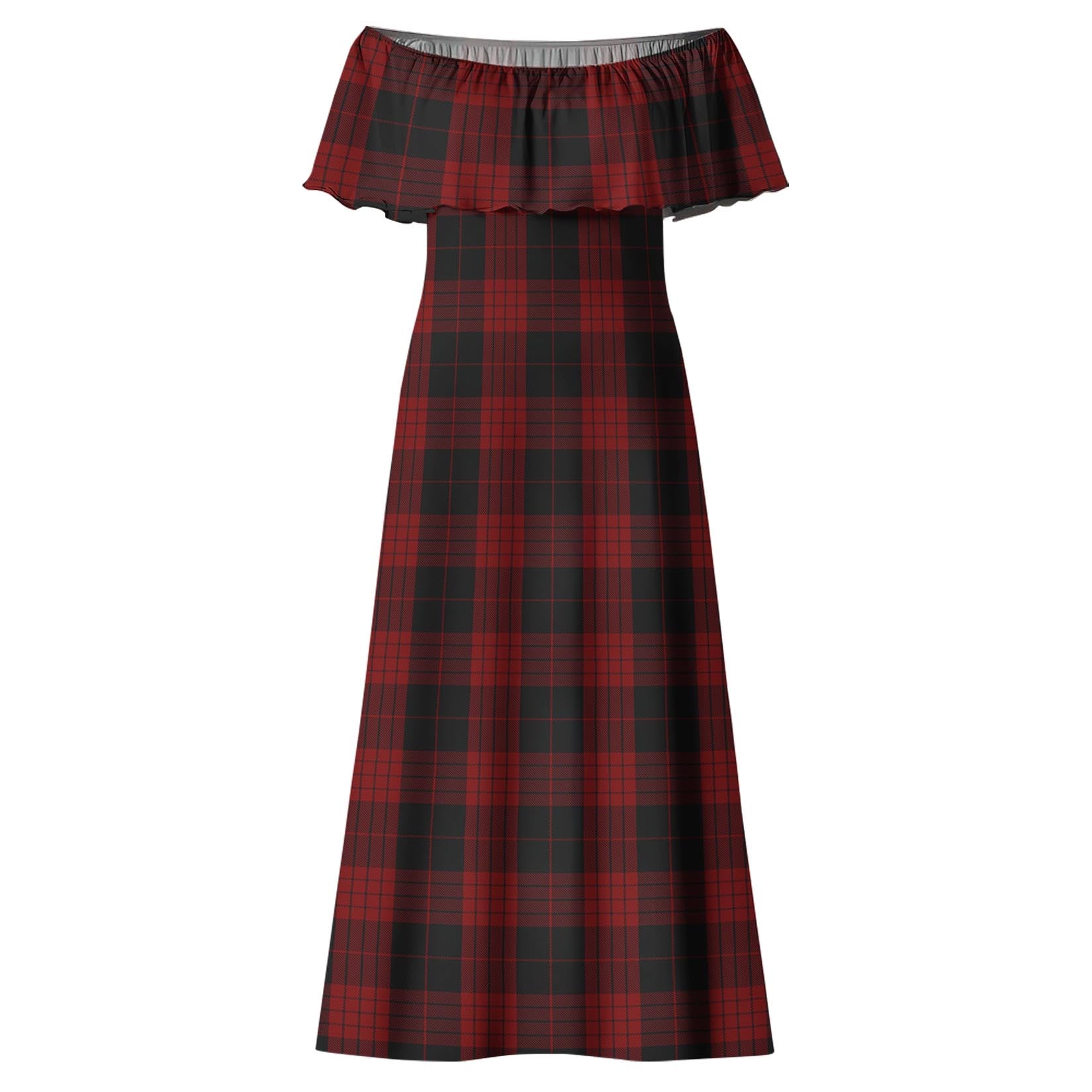 Cameron Black and Red Tartan Off Shoulder Long Dress - Tartanvibesclothing