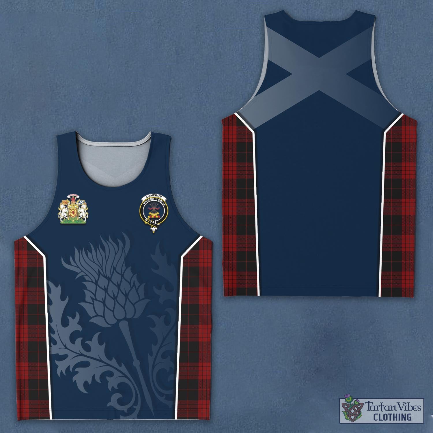 Tartan Vibes Clothing Cameron Black and Red Tartan Men's Tanks Top with Family Crest and Scottish Thistle Vibes Sport Style