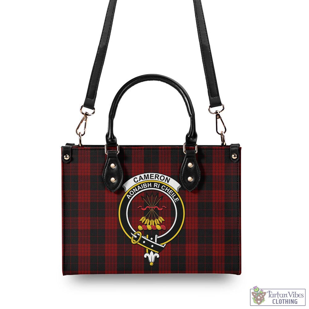 Tartan Vibes Clothing Cameron Black and Red Tartan Luxury Leather Handbags with Family Crest