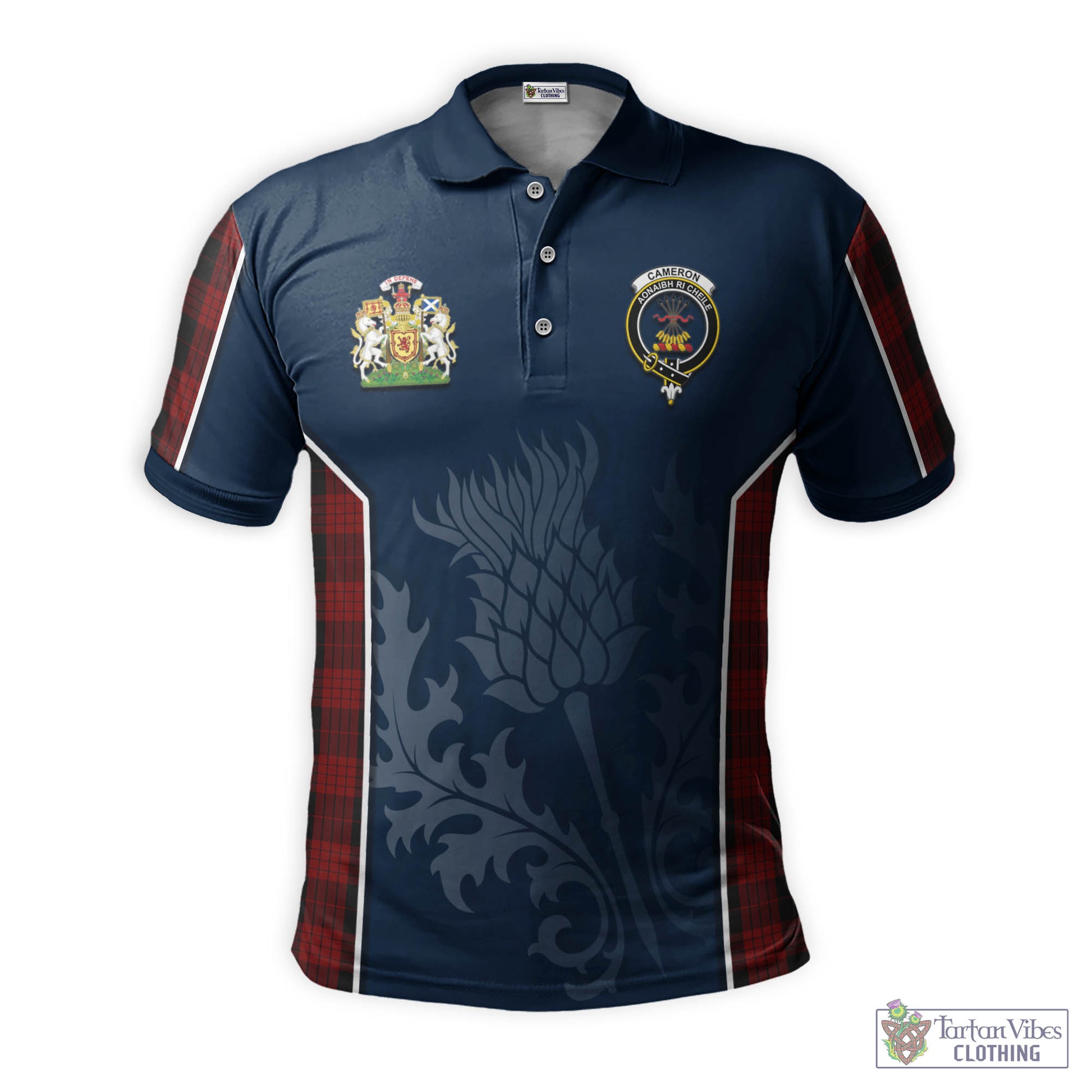 Tartan Vibes Clothing Cameron Black and Red Tartan Men's Polo Shirt with Family Crest and Scottish Thistle Vibes Sport Style