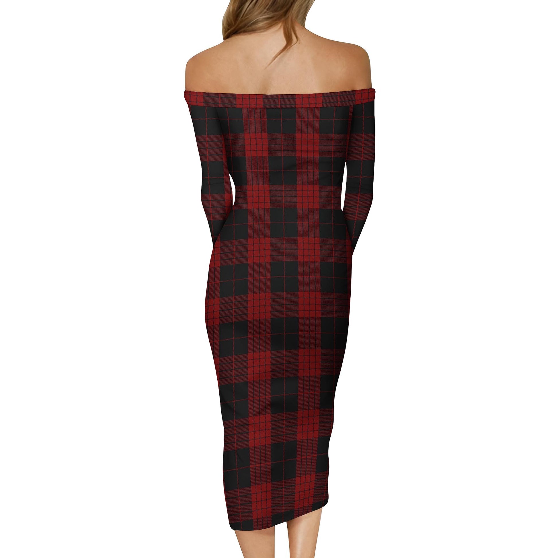 Cameron Black and Red Tartan Off Shoulder Lady Dress - Tartanvibesclothing