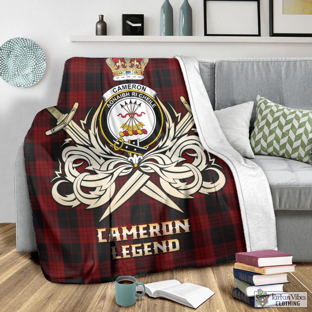 Tartan Vibes Clothing Cameron Black and Red Tartan Blanket with Clan Crest and the Golden Sword of Courageous Legacy