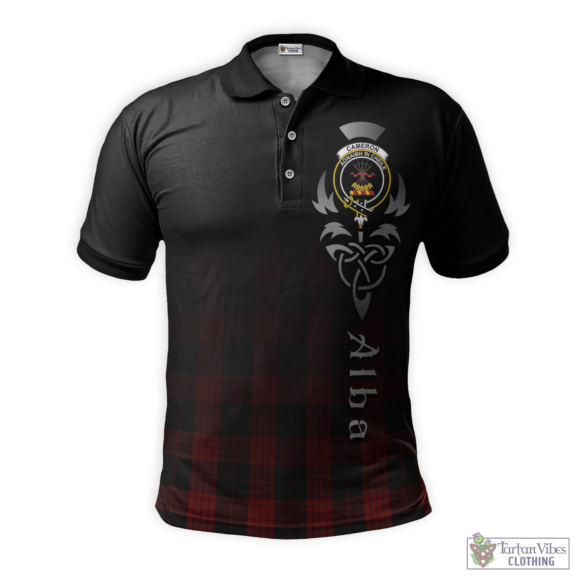 Tartan Vibes Clothing Cameron Black and Red Tartan Polo Shirt Featuring Alba Gu Brath Family Crest Celtic Inspired