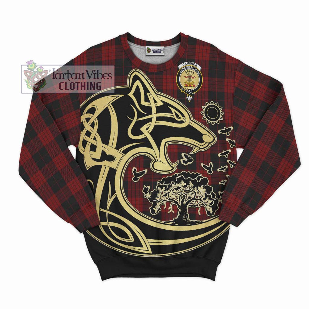 Cameron Black and Red Tartan Sweatshirt with Family Crest Celtic Wolf Style - Tartan Vibes Clothing