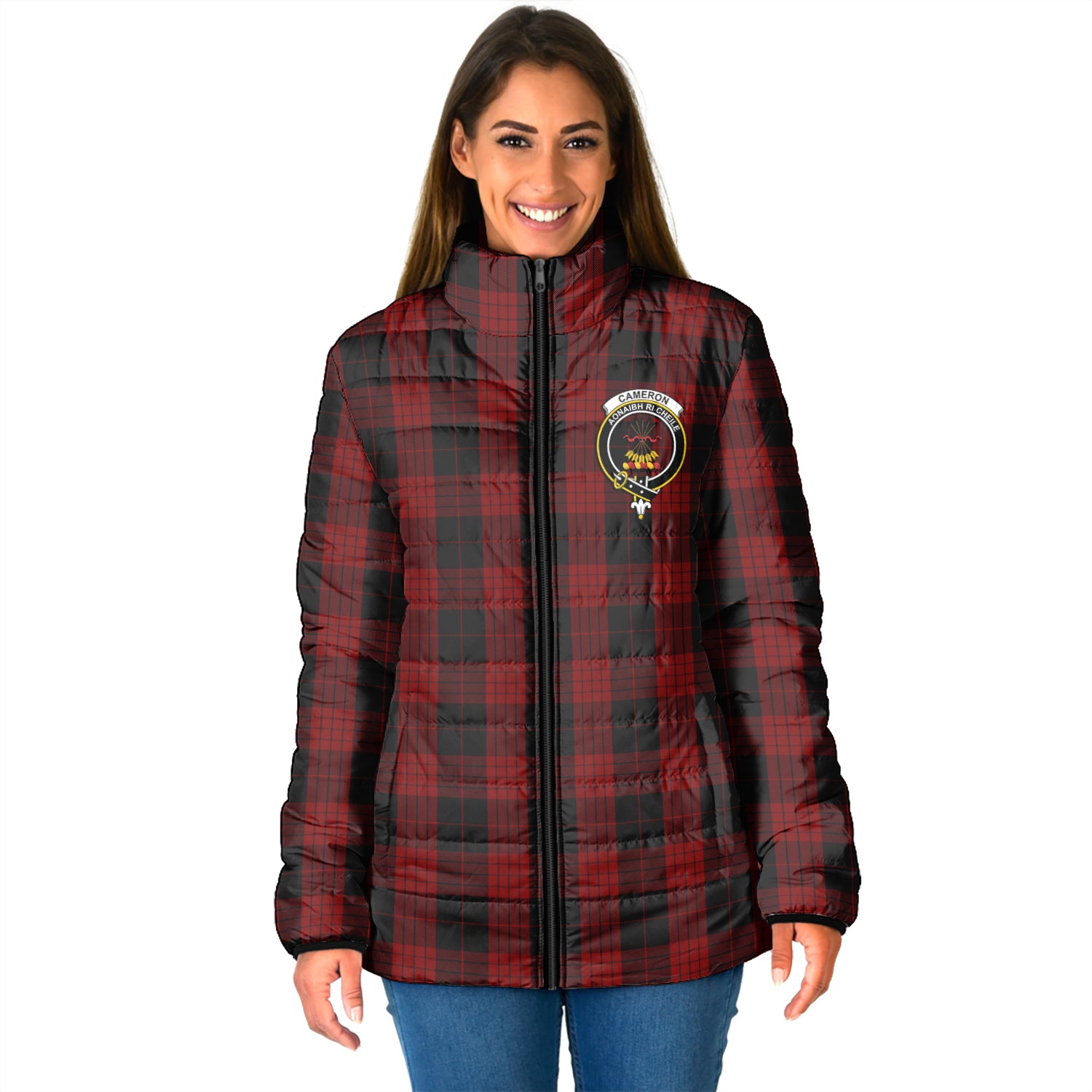 Cameron Black and Red Tartan Padded Jacket with Family Crest - Tartan Vibes Clothing