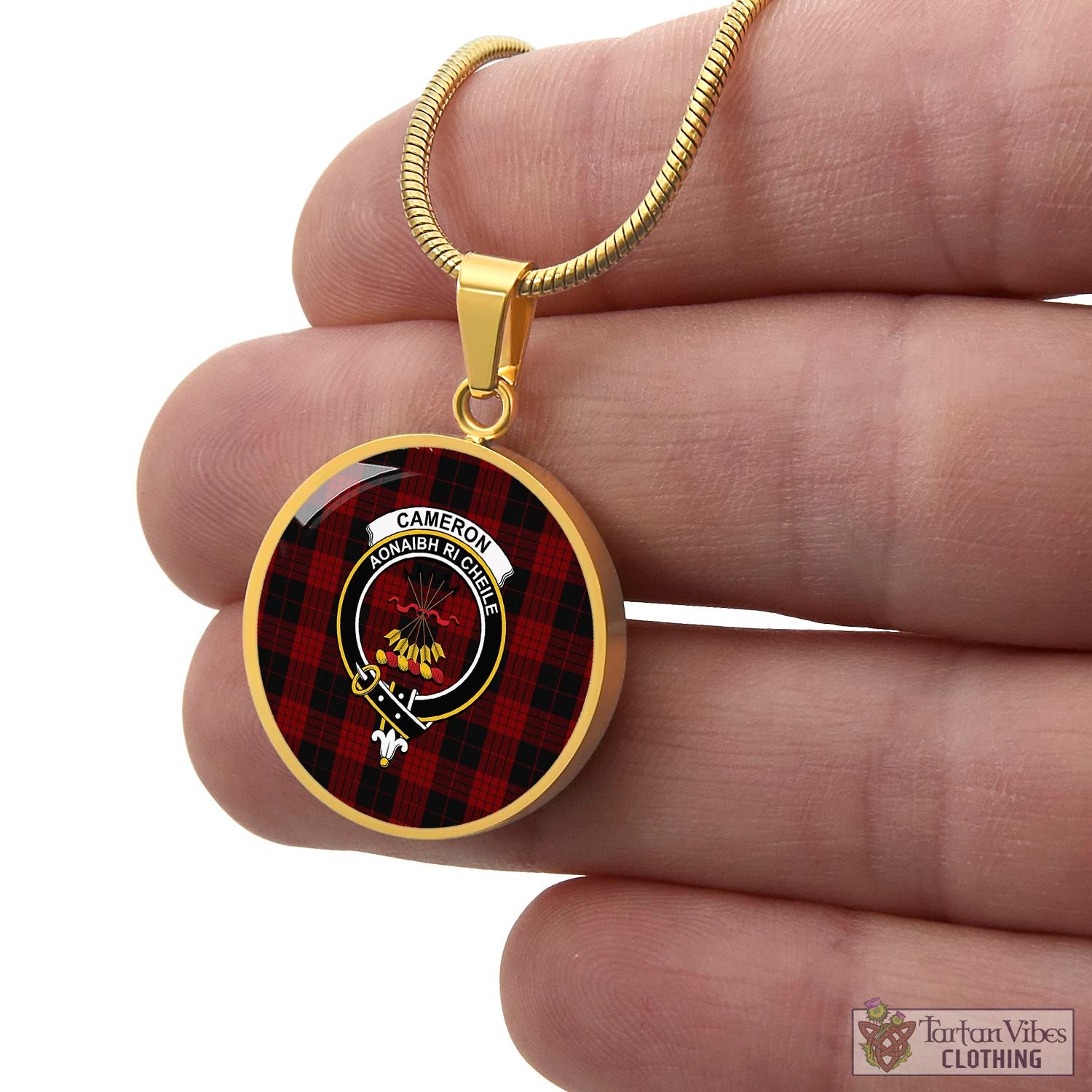 Tartan Vibes Clothing Cameron Black and Red Tartan Circle Necklace with Family Crest