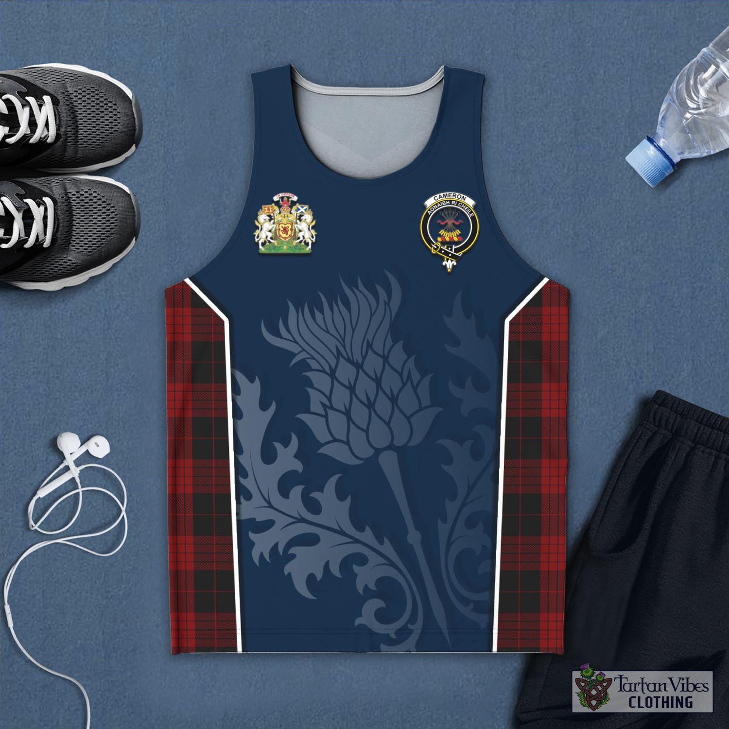 Tartan Vibes Clothing Cameron Black and Red Tartan Men's Tanks Top with Family Crest and Scottish Thistle Vibes Sport Style