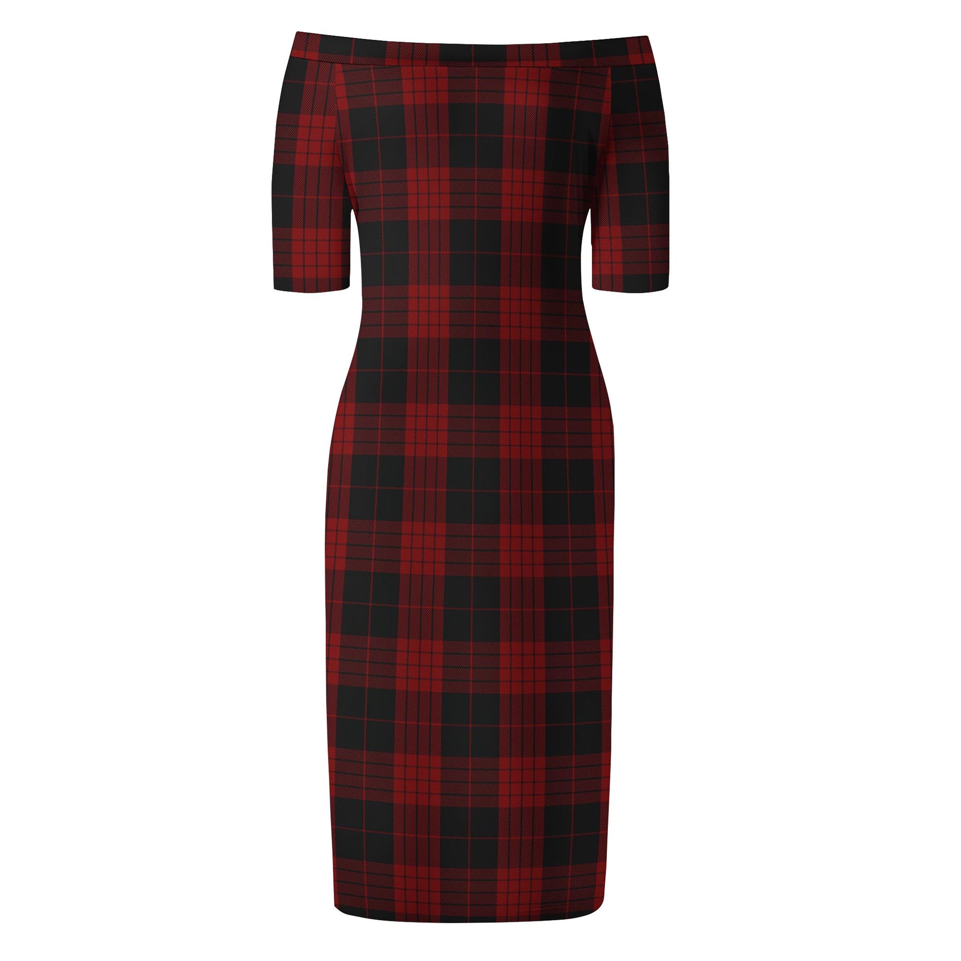 Cameron Black and Red Tartan Off Shoulder Lady Dress - Tartanvibesclothing