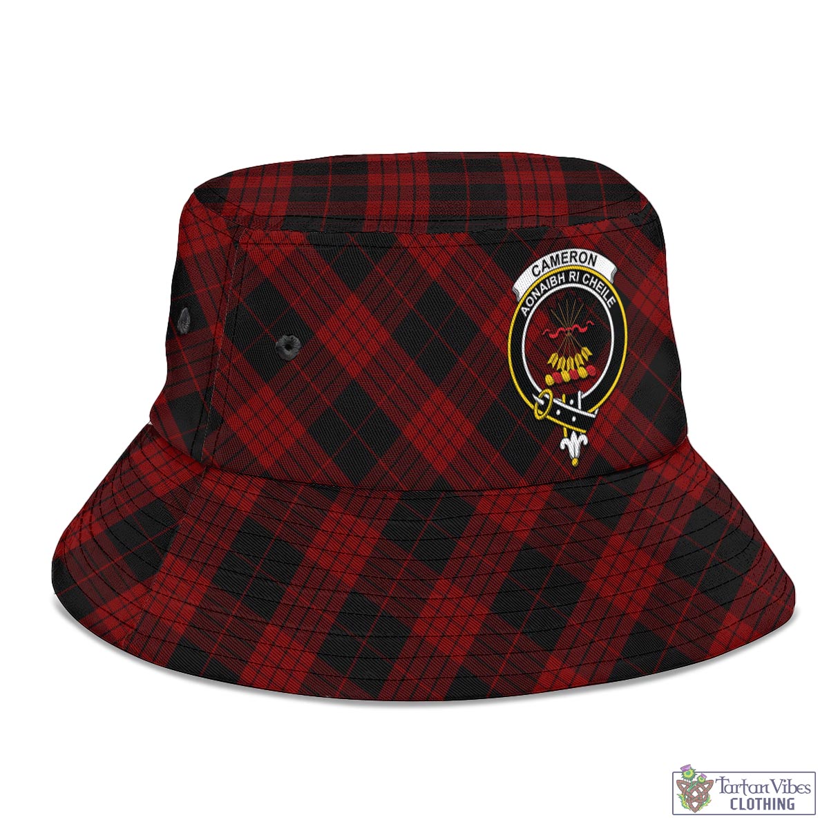 Tartan Vibes Clothing Cameron Black and Red Tartan Bucket Hat with Family Crest