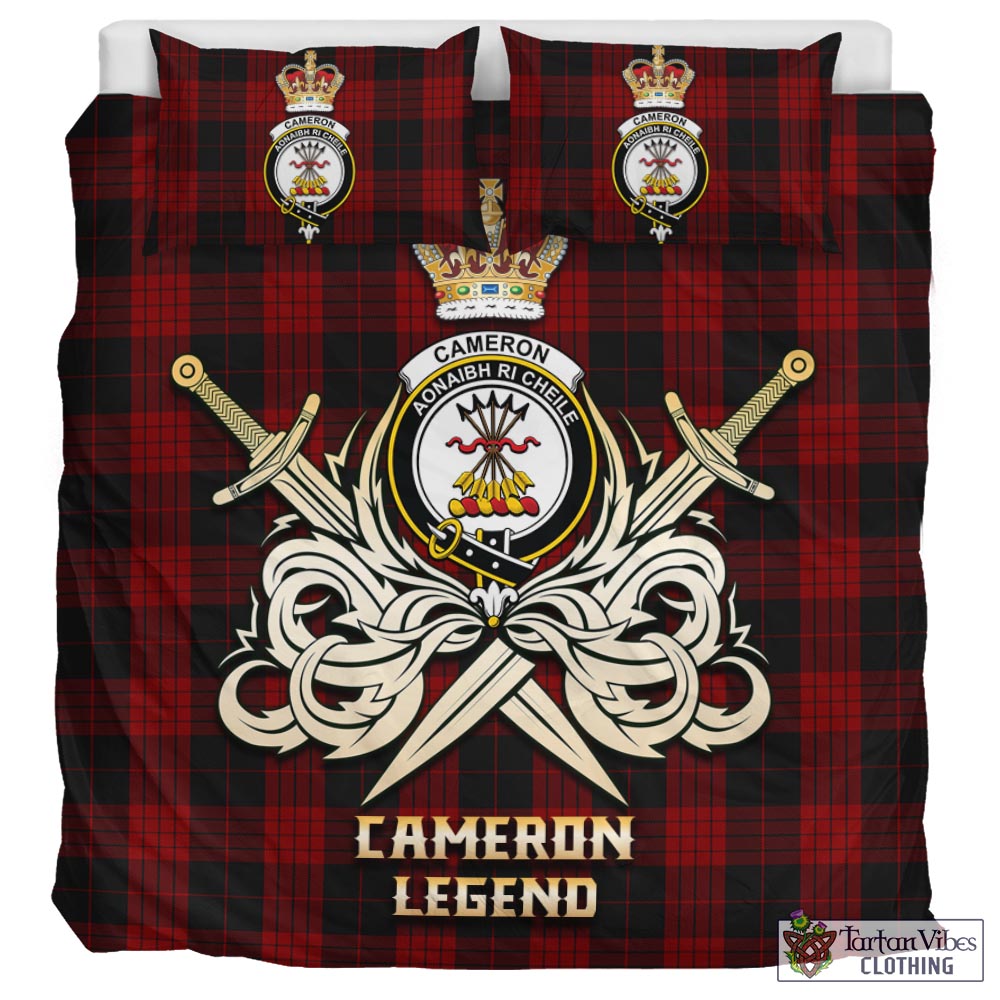 Tartan Vibes Clothing Cameron Black and Red Tartan Bedding Set with Clan Crest and the Golden Sword of Courageous Legacy