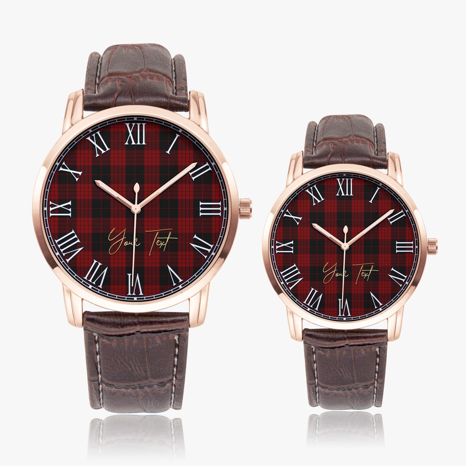 Cameron Black and Red Tartan Personalized Your Text Leather Trap Quartz Watch Wide Type Rose Gold Case With Brown Leather Strap - Tartanvibesclothing