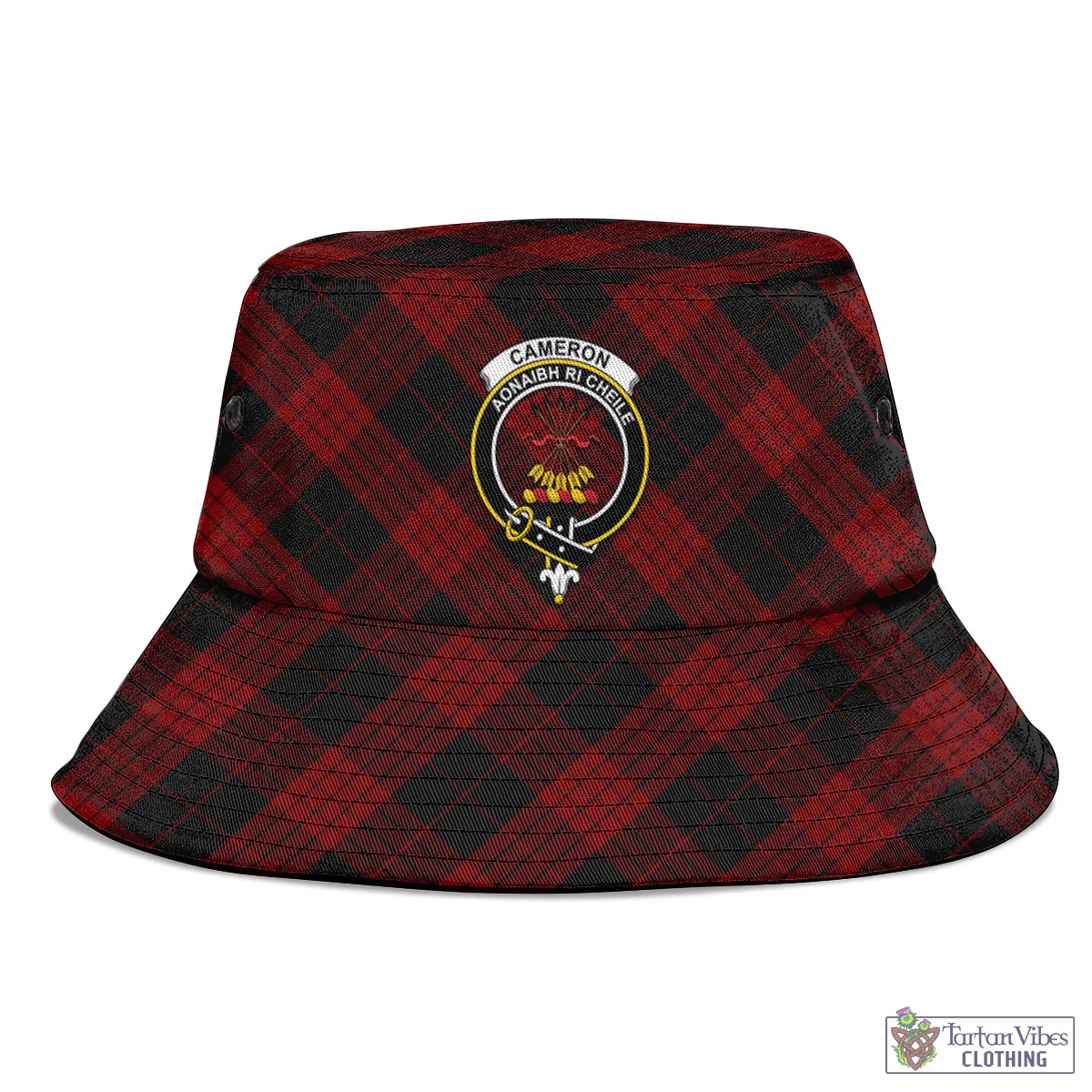 Tartan Vibes Clothing Cameron Black and Red Tartan Bucket Hat with Family Crest